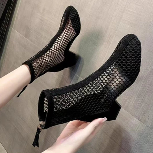 2023 New Air Mesh Net Bling Women Shoes Summer Ankle Boots Thin High Heels Sexy Sandal Chelsea Boots Female