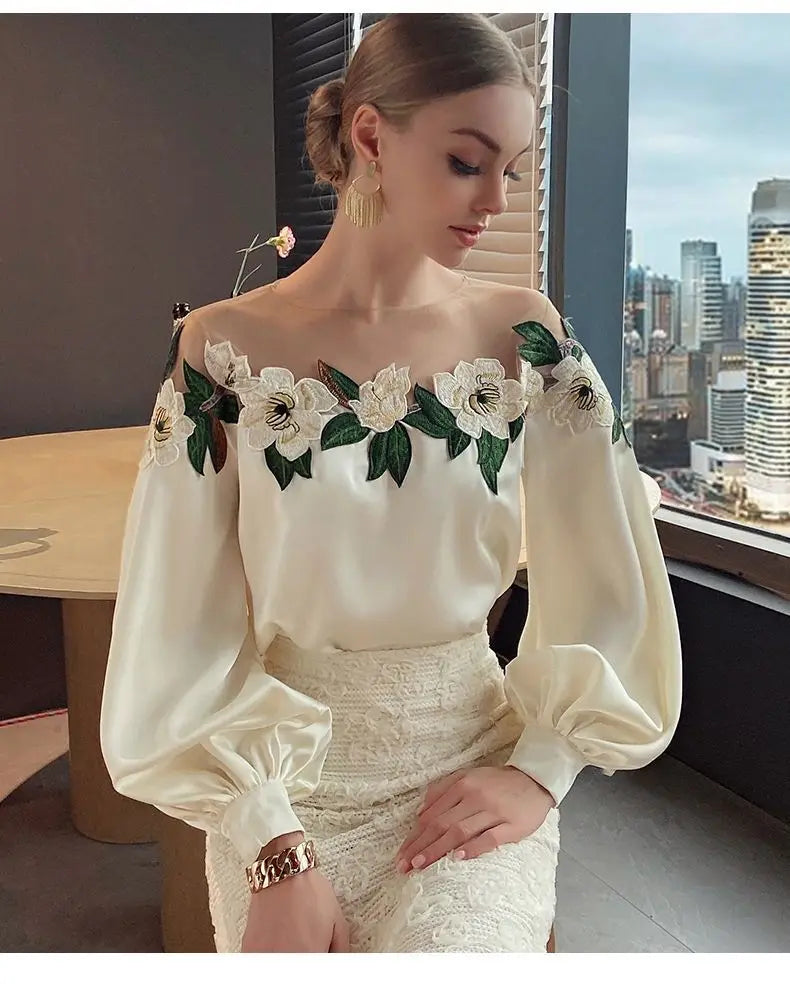 Autumn Mesh Patchwork Long Lantern Sleeve Shirt Spring Embroidered Satin Blouse O-neck Tops Women's Clothes Elegant New 24976