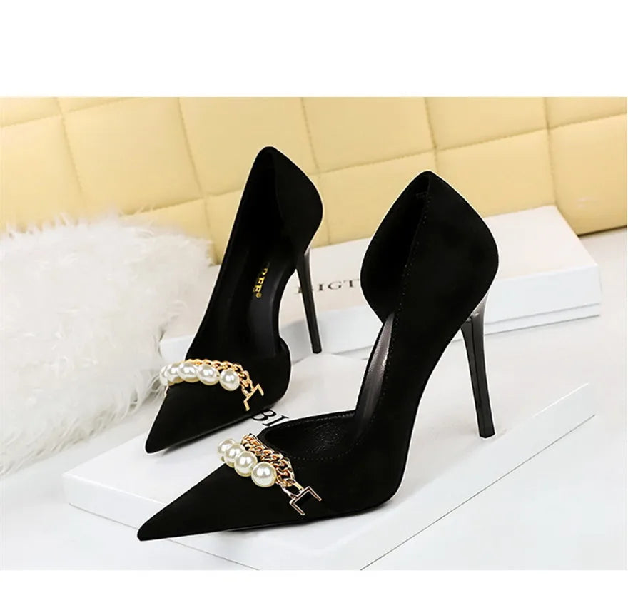 2025 New Fashion Pearl Chain Office Women Pumps Black Flock Side Hollow High Heels Stiletto Pointed Toe Female Party Shoes Dress