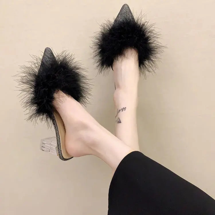 Female Shoes Ladies' Slippers Pointed Toe Women Heels Fur Flip Flops 2025 Soft High Cover Plush Casual Slides Pumps Leisure