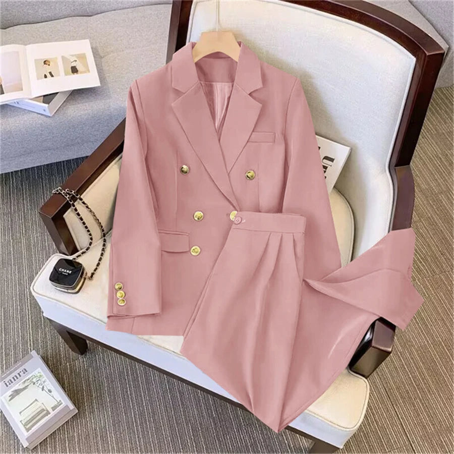 Khaki Office Double Breasted Suits Sets Women Korean New Long Sleeve Blazer Jackets Conjunto Ol High Waist Straight Pants Outfit