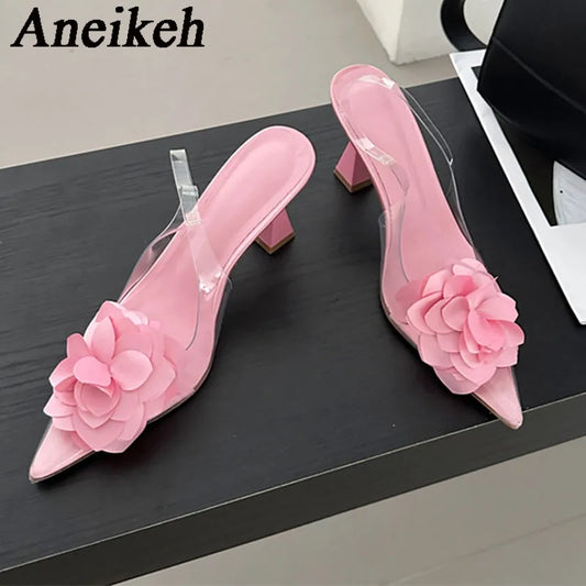 Aneikeh Women's Silk Flower Decorative Single Shoes 2025 Sexy Transparent PVC Pointed Slingbacks High Heels Party Dress Zapatos