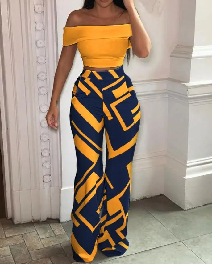 Elegant Sexy 2 Pcs for Women 2024 Summer Casual Fashion Off Shoulder Short Sleeve Crop Top & High Waist Wide Leg Pants Set