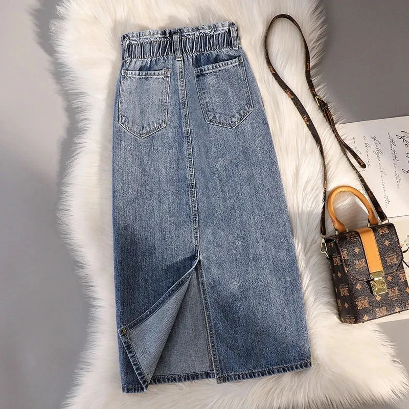 Fashion Denim Skirt Women's Summer High Waist Wrapped Hip Skirts Elastic Female Office Lady Elegant Casual Button Jean Clothing