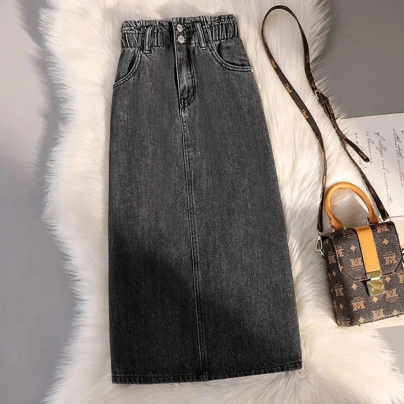 Fashion Denim Skirt Women's Summer High Waist Wrapped Hip Skirts Elastic Female Office Lady Elegant Casual Button Jean Clothing