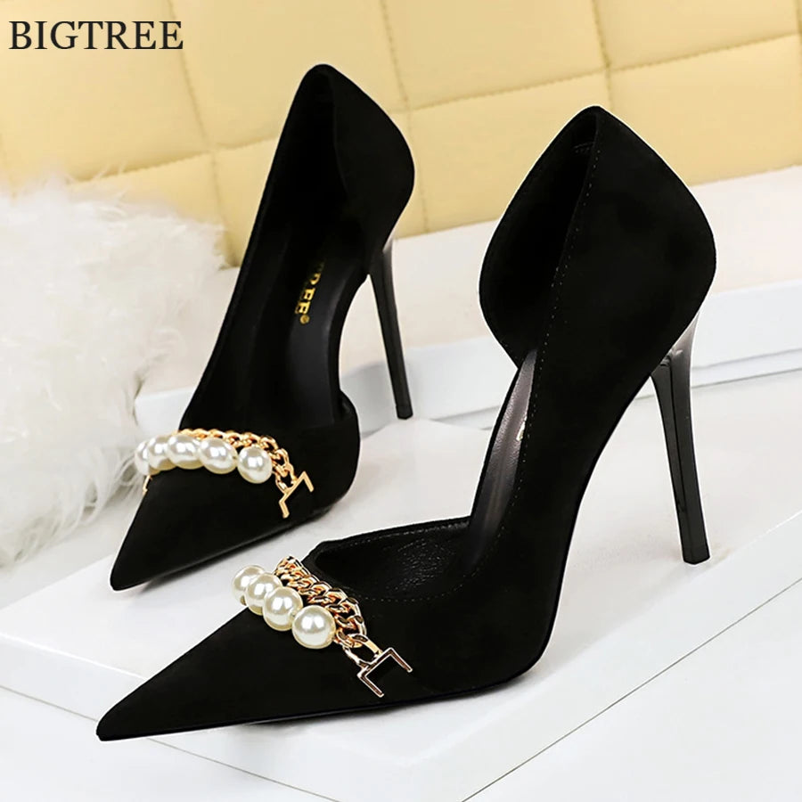 2025 New Fashion Pearl Chain Office Women Pumps Black Flock Side Hollow High Heels Stiletto Pointed Toe Female Party Shoes Dress