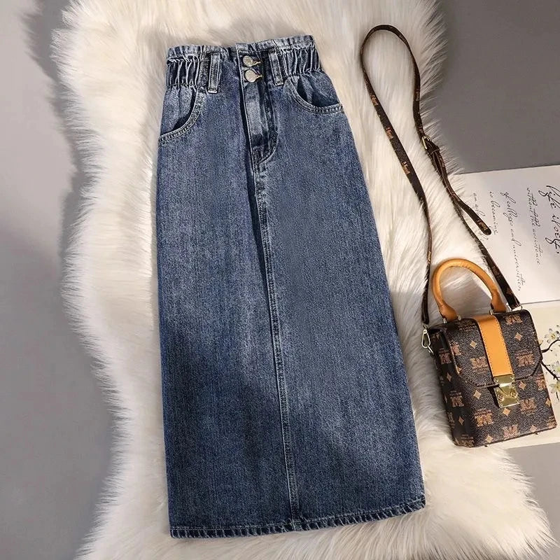 Fashion Denim Skirt Women's Summer High Waist Wrapped Hip Skirts Elastic Female Office Lady Elegant Casual Button Jean Clothing