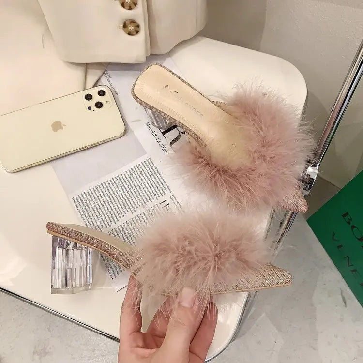 Female Shoes Ladies' Slippers Pointed Toe Women Heels Fur Flip Flops 2025 Soft High Cover Plush Casual Slides Pumps Leisure