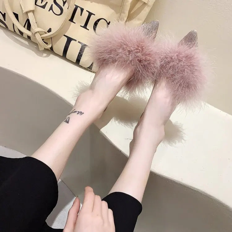 Female Shoes Ladies' Slippers Pointed Toe Women Heels Fur Flip Flops 2025 Soft High Cover Plush Casual Slides Pumps Leisure