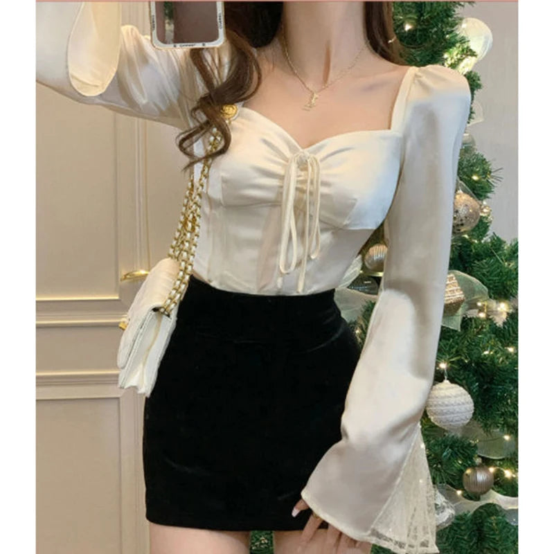 Elegant Women Shirt Lace Patchwork Flare Sleeve Sexy Slim Thin Top Summer Fashion Sweet High Vintage Kawaii Korean Female Blouse