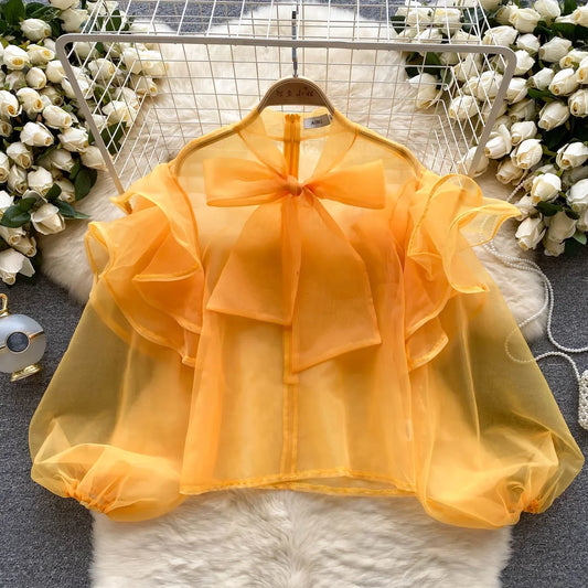 French Chic Blouse Women Tops Chiffon Sheer Lace-up Bow Collar Lantern Sleeve Female Blusas Ruffles Elegant Blouses Dropshipping