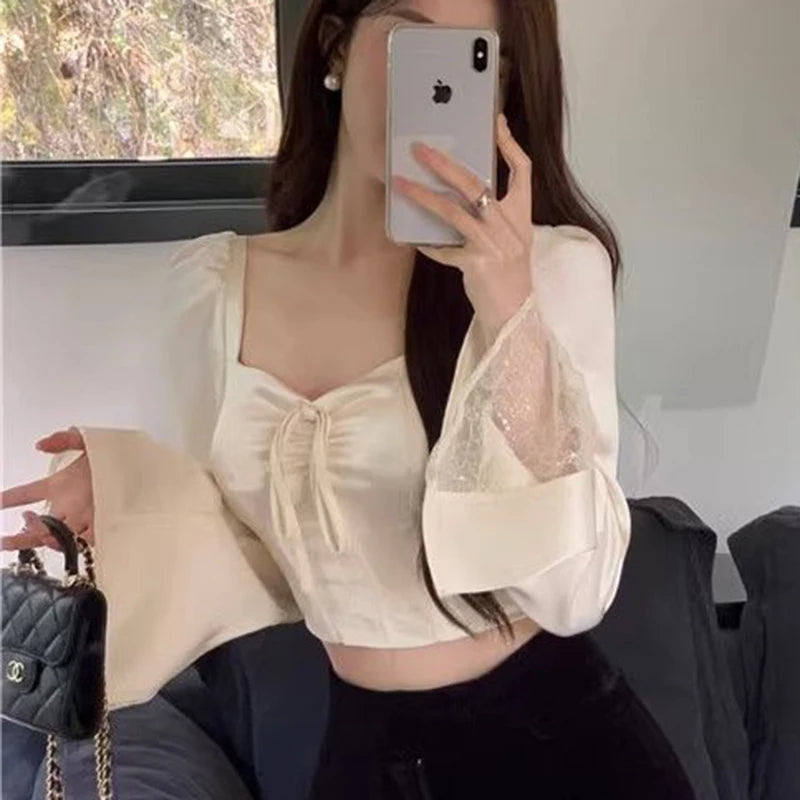 Elegant Women Shirt Lace Patchwork Flare Sleeve Sexy Slim Thin Top Summer Fashion Sweet High Vintage Kawaii Korean Female Blouse